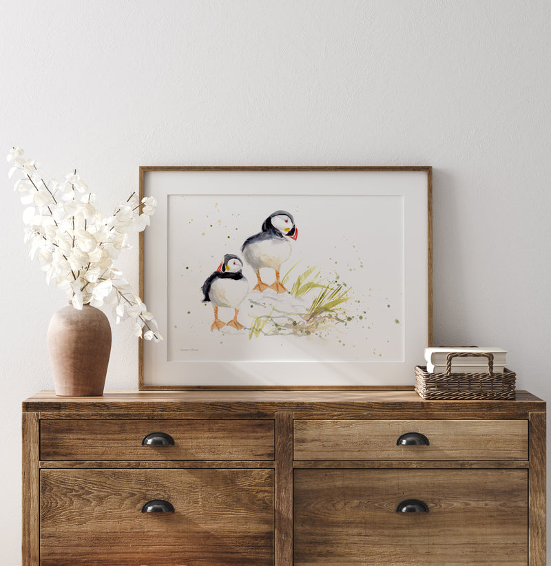 Puffins Watercolour Painting - 'Cliff & Celia' 17" x 12"