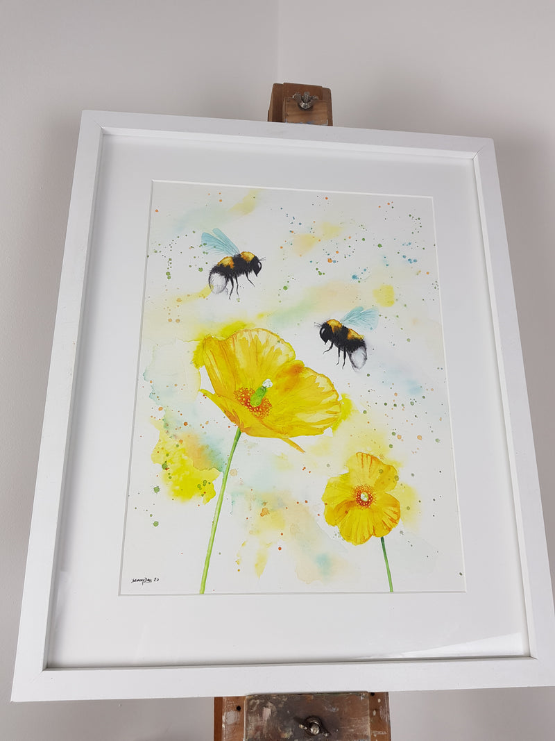 Bees & Welsh Poppies Watercolour 'Mellow Yellow' - 16.5" x 12" #3054