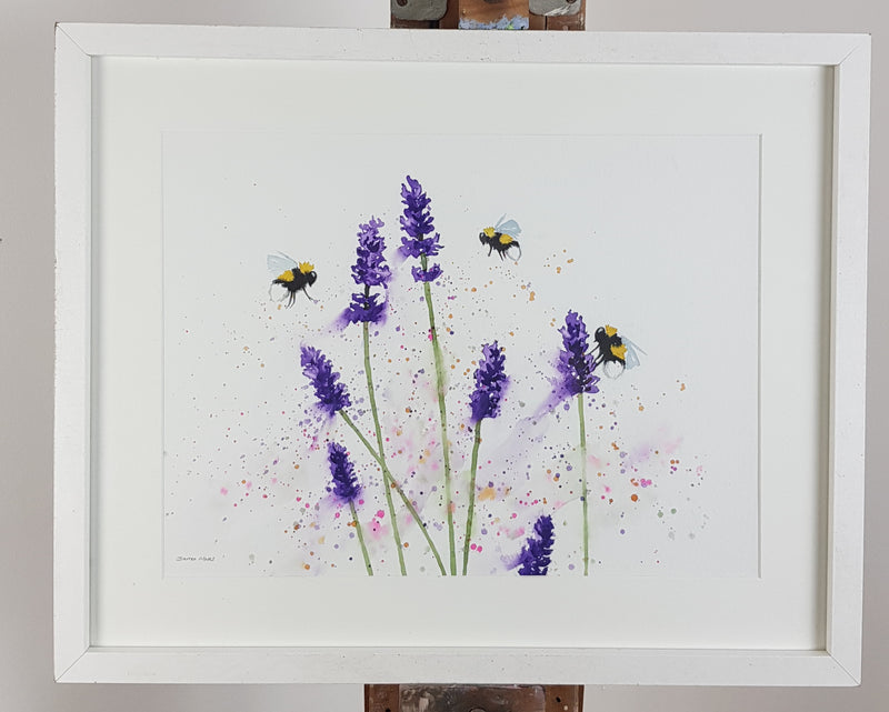 Bees & Lavender Watercolour Painting - 'Purple Sway' 17" x 12"