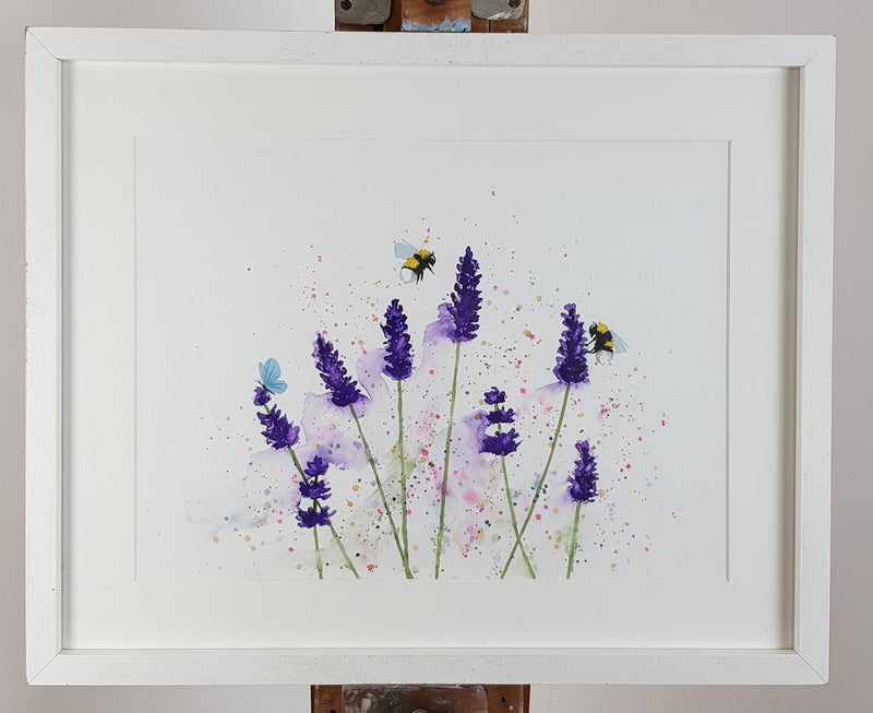 Bees, Butterfly & Lavender Watercolour Painting - 'Lavender Bloom' 17" x 12"