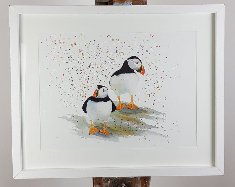 Puffins Watercolour Painting - 'Cliff & Capelin' 17" x 12"