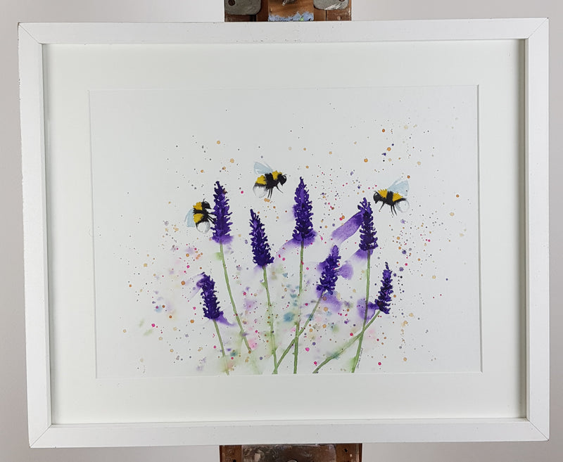 Lavender & Bees Watercolour Painting - 'Working in a breeze 17" x 12"