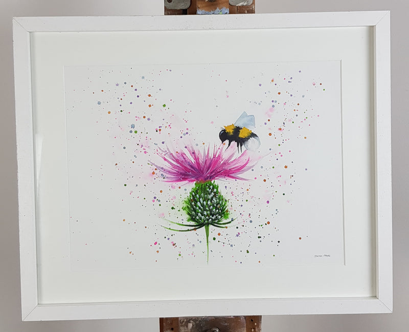 Thistle & Bee Watercolour Painting - 'Little Worker' 17" x 12"