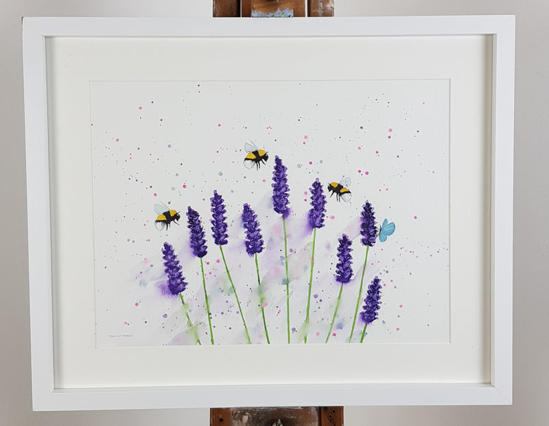 Lavender, Bees & Butterfly Watercolour Painting - 'Scented Love' 17" x 12"