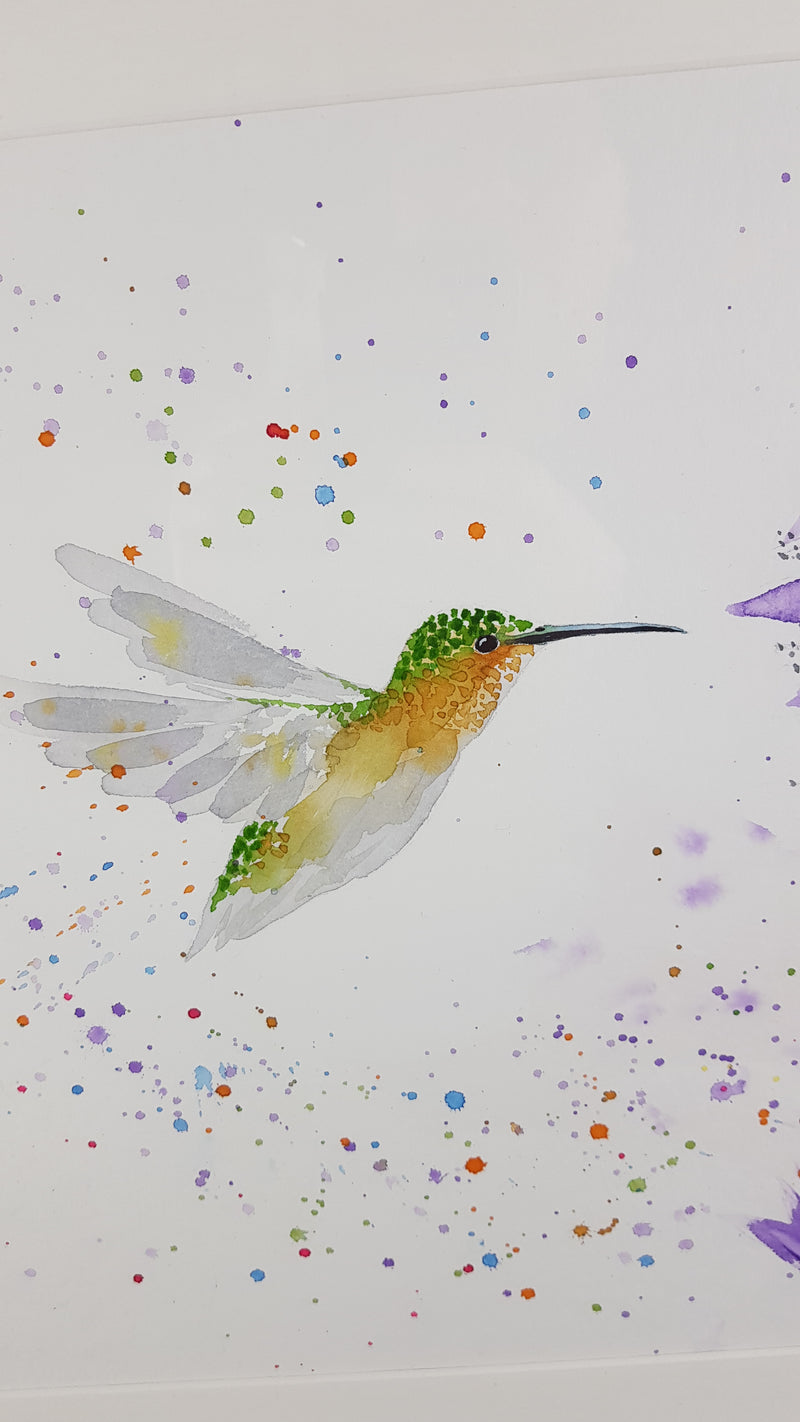 Hummingbird & Flower Watercolour Painting - 'Spring flight' 17" x 12"