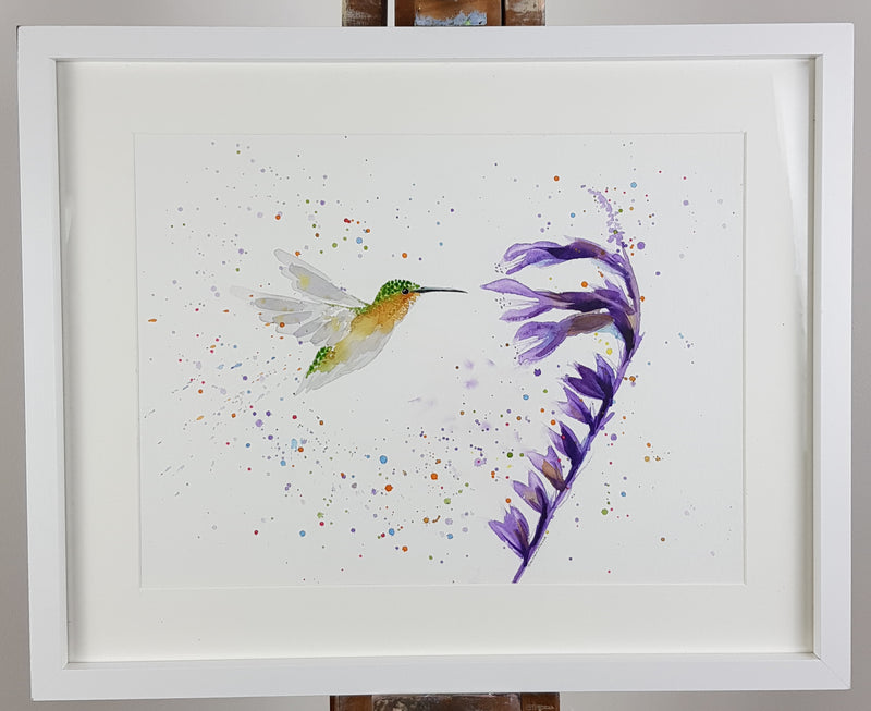 Hummingbird & Flower Watercolour Painting - 'Spring flight' 17" x 12"